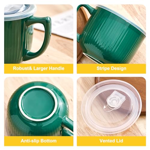 Ceramic Soup Bowl with Handle & Lid, 32oz Microwave Ramen Bowl Set of 2 - color: Forest Green 2pcs-32, size: 32 OZ