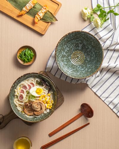 Large Japanese Ramen Bowl Set of 4, Material Safety Ceramic Ramen Bowls with Matching Chopsticks and Spoons, 8 Inch 40oz Pho Bowls Ramen Noodle Bowl for Asian Udon Soup Salad Cereal(Green) - color: Greee-4 Bowl Set