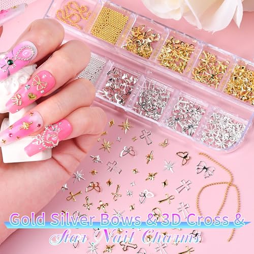 5 Boxes Gold & Silver Metal Nail 3D Punk Studs Flower Petals Heart Bows Star Pearls Rhinestones Nail Charms Nail Art Jewels with Tweezers and Nail Brush and Wax Pen Picker (10-multishapes charms) - color: 10-multishapes charms
