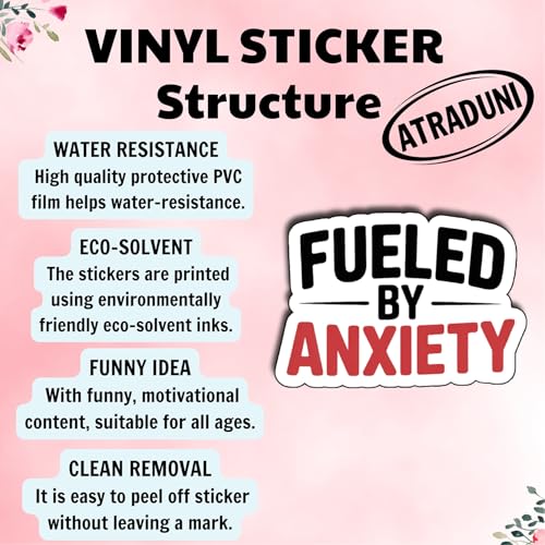 (3Pcs) Fueled by Anxiety Stickers Funny Sarcastic Quote Anxiety Humor Gifts Waterproof Vinyl Decals for Kindle Water Bottle Bumper Car Hard Hat Phone Laptop Size 2.3" x 3" - color: Fueled By Anxiety