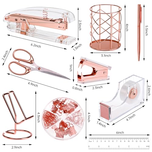 EOOUT Rose Gold Desk Accessories, Office Supplies and Accessories Set, Acrylic Stapler Set, Staple Remover, Phone Holder, Pen Holder, Scissor, Ruler, Transparent Tape - color: Rose Gold