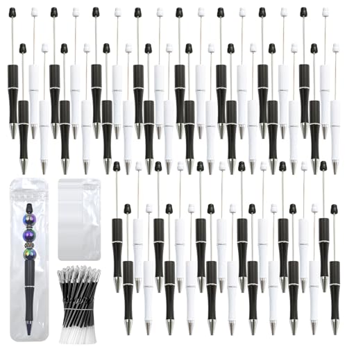 300 Pieces DIY Beadable Pen Kit – 100 Plastic Ballpoint Pens with Refills & Bags – School Supplies, Office Accessories & Decorative Items for Students & Teachers (Black and White) - color: Black White, size: 100