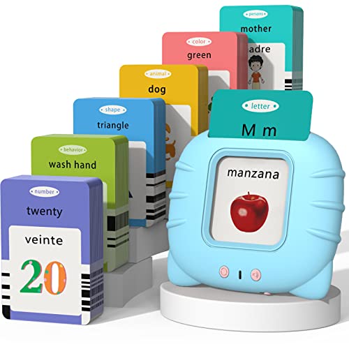 Startcan Spanish & English Talking Flash Cards for Toddlers 1 2 3 4 5 6, Audible Toys for Kids to Learn Spanish - 258 Cards and 516 Words(Blue) - color: 516-bilingual-blue (New Abc+123+ 4 Songs)