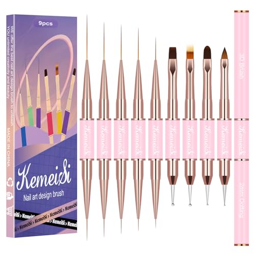 KEMEISI Nail Art Brush Set, 9PCS Double-Ended Acrylic Liner Brush Dotting Pen for Gel Polish, Nail Design Tools for Professional Manicure DIY Home Salon - color: Pink