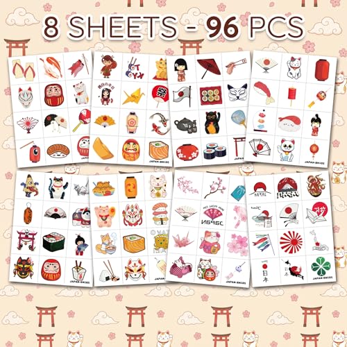 96PCS Japanese Temporary Tattoos Pre-Cut Themed