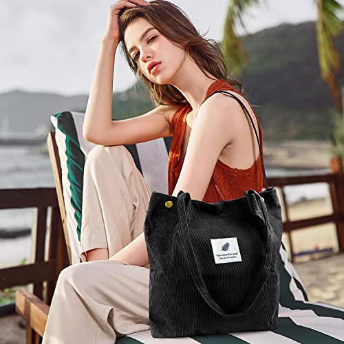 Ayieyill Corduroy Tote Bag for Women Canvas Shoulder Cord Purse with Inner Pocket - color: Black