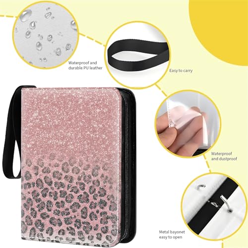 Card Binder 400 Pockets, 50 Sleeves Large Binder Trading Cards Holder 4 Pocket, Storage Organizer, Album Folder Case Protector Collector Gift Pink Silver Leopard Print Aesthetics - color: Pink Silver Leopard Print Aesthetics, size: 4 Pocket