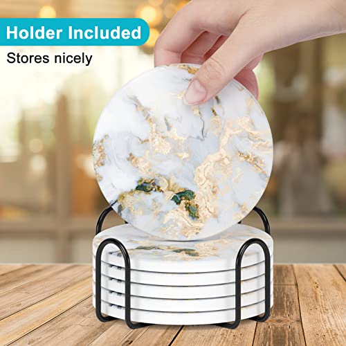 Nipichsha Coasters for Drinks, Set of 6 Cute Absorbent Ceramic Drink Coasters for Cup with Holder and Cork Base, Kitchen Home Decor Housewarming Gift, Round 4 in, White Gray Gold - color: White Gray Gold Marble