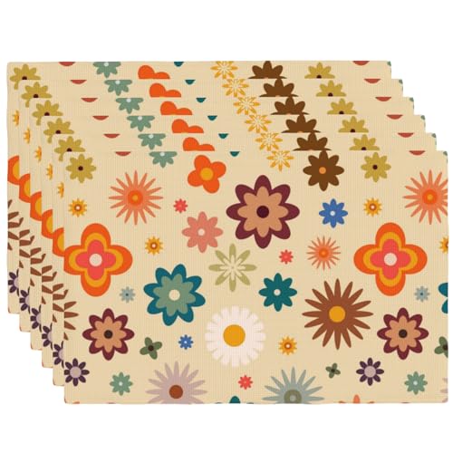 70s Retro Boho Funky Hippie Floral Placemats Set of 6 12x18 Inch - color: Colorful, size: Set of 6