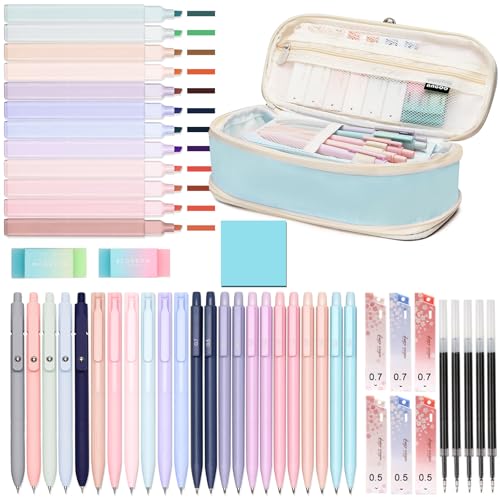 50 PCS Aesthetic School Supplies with Cute Pen Case,12 Pastel Highlighters,5 Black Ink Gel Pens, 12 Mechanical Pencils Set 0.5 & 0.7 mm 6 Color Gel Pens for Students Stationary College Essentials Blue - color: Blue
