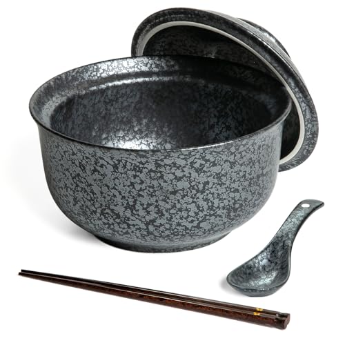 Ceramic Ramen Bowl Set Ramen Noodle Bowl with Lid 27oz Japanese Retro Style Soup, Pho, Udon Bowls, Matching Spoons and Chopsticks for Microwave & Dishwasher Safe, Black - color: Black, size: 1 PC