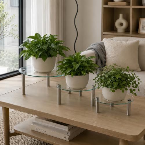 6 Piece Tempered Glass Display Stands Set, Clear Table Organizer Risers - size: Round + Rectangular