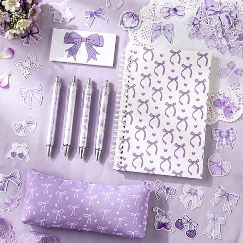 Sayglossy Purple Bow Set Pen Spiral Notebook Journal Pencil Case Sticker - color: Purple