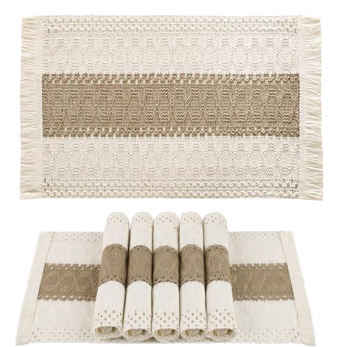 Ruvanti Placemats Set of 6, 17.5"x12" Polycotton Place Mats - Tobacco Band - color: Tobacco Band