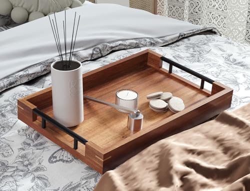 Fibogollo Acacia Wood Serving Tray with Metal Handles,15x10in Ottoman Decorative Trays Platter for Coffee Table,Living Room,Bar,Party(Medium) - size: 15" x 9.8" x 1.8"