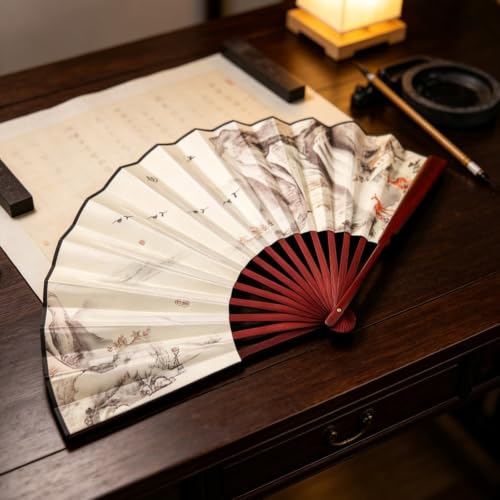 Fox Baby 2 Pcs Large Folding Hand Fans,13 inch Bamboo Fabric Fans with Chinese Traditional Painting for Performance,Decorations (Spring & Lake) - color: Spring & Lake