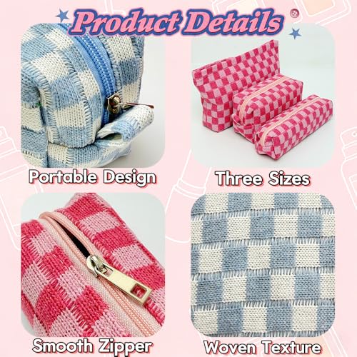 3 Pieces Checkered Makeup Bag Set, Pink Cosmetic Bags for Women, Large Medium Small Portable Travel Toiletry Bag, Cute Zipper Pouch Organizer for Purse, Skincare, Cosmetics, Stationery - color: 3 pcs Pink