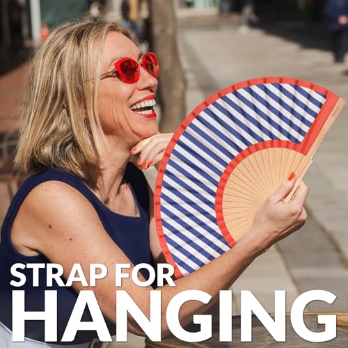 Fisura – Original Folding Fan with Stripes Print. Red and Blue Wooden Handheld Fan for Women with Hanger. Perfect Accessory for Weddings, Parties, Festivals and Gift Ideas. 16.7 x 9. - color: Red and Blue Stripes