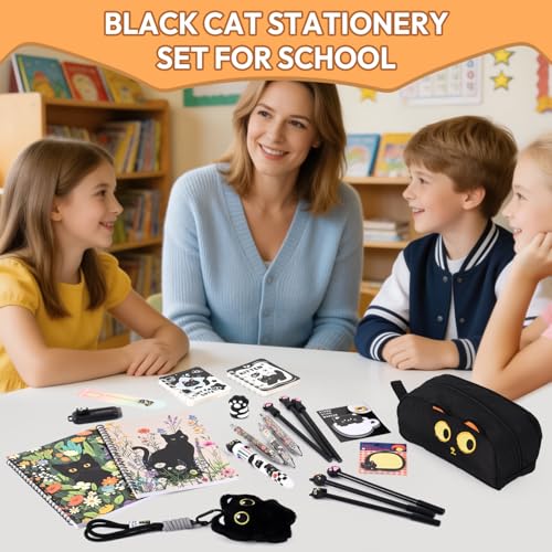 Ulema Cute Black Cat Gifts for Women,30Pcs Stationery Set Birthday Gifts for Boys Girls Back to School and Kawaii Classroom Office Supplies with Black Cat BallPoint Pen, Pencils, Sticky Notes etc. - style: black cat