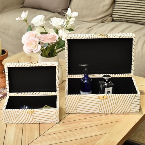 Velvet Decorative Boxes Storage Accessory Organizer Set of 2, White - color: Grey&Gold