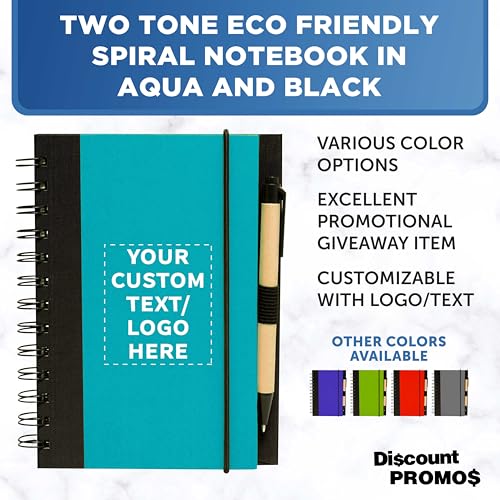 DISCOUNT PROMOS Custom Eco Block Notebooks with Pens Set of 10/50/100, Personalized Bulk Pack - Perfect for School, Office, Business, Home - Aqua - color: - Custom – Aqua, size: 10/50/100 notebooks