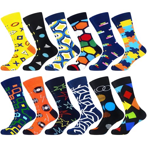 WeciBor Men's Combed Cotton Novelty Crew Socks Size 7-15 - color: Black/Blue/Orange/Yellow/Multicolor Geometric-12m, size: 13-15