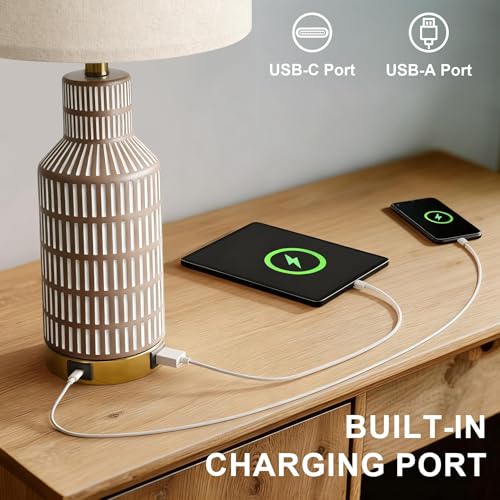 USumkky 25" Modern 3-Way Dimmable Touch Control with USB A+C Ceramic Lamps Set of 2 Table Lamp for Living Room Bedroom Farmhouse Nightstand Bedside Brown - color: Brown