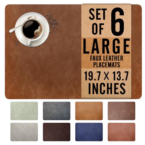 UnivoColors Washed Cowhide Pattern Faux Leather Big Size Placemats Set of 6, Waterproof Easy to Clean Anti-Slip PU Table Mats for Party Decoration19.7″×13.6″,Red Brown Retro Cowhide Pattern - color: Reddish Brown