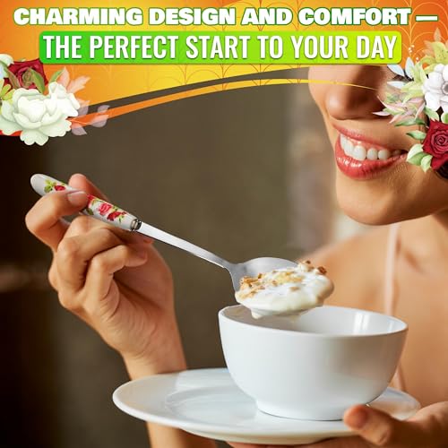 Tablespoons Set of 6, Ceramic Handle, Stainless Steel, Floral Design - color: 6 Pcs Floral Table Tablespoons Set