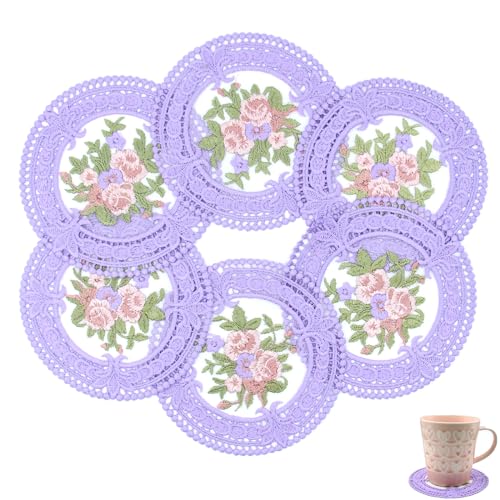 Vintage Crocheted Lace Doilies, Lavender Embroidered Fabric Coasters, Lilac Lace Embroidery Decor for Tabletop Photography (Purple, 8pk) - color: Purple