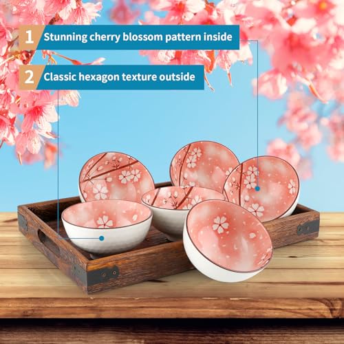Ceramic Rice Bowls 10 oz, Sakura Bowl Gift Set, Dinnerware Serving Bowls for Rice, Cereal, Noodle, Soup, Desserts, Pack of 6 (Pink) - color: Pink