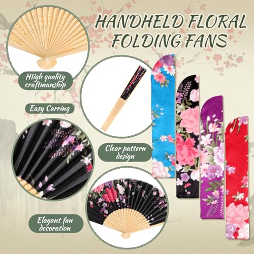 Zonon 4 Pack Hand Held Folding Fans for Women Silk,Japanese Flowers - style: Japanese Flowers