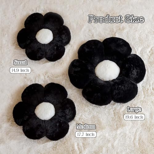 Kcvvcr Black Flower Pillow, Cute Decorative Flower Shaped Throw Pillow with Faux Rabbit Fur, 14.9" Soft Daisy Plush Floor Cushion Aesthetic Room Decor for Bed Sofa Couch - color: Black, size: 14.9 Inch