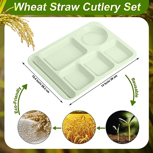 Pinkunn 12 Pcs 14'' Large Divided Plates Unbreakable Wheat Straw Lunch Trays 6 Compartments Cafeteria Trays Microwave Dishwasher Safe Food Separator Plates (Blue, Green, Dark Blue, Dark Green) - color: Blue, Green, Dark Blue, Dark Green
