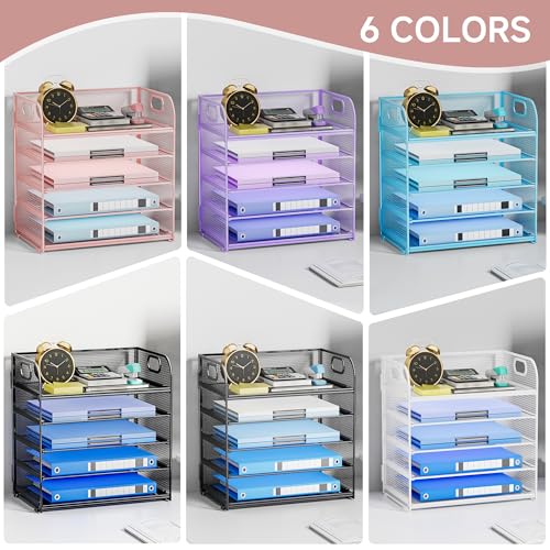 5-Tier Stackable Paper Organizer with Handle, Pink - color: Pink, size: 12.6" x 9.1" x 13.4"