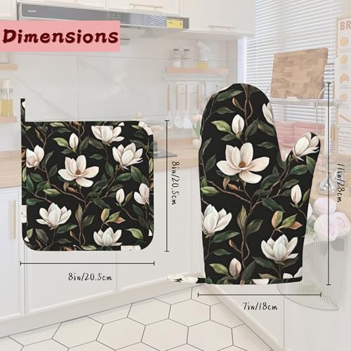 White Magnolia Oven Mitts and Pot Holders (4PCS),Heat Resistant Non-Slip Silicone Kitchen Gloves for Cooking, Baking, BBQ Waterproof Kitchen Accessories - color: White Magnolia