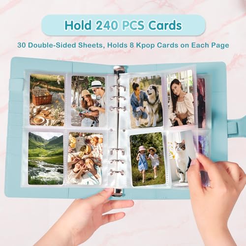 A5 Kpop Photocard Binder with 30 Pack 4-Pocket Card Pages, 6 Ring A5 Binder Card Collector Album with 240 Card Slots,PU Leather Binder Cover with Magnetic Buckle Closure for Organizing Trading Card - color: Mint Blue