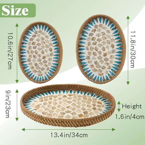 Oval Rattan Mother of Pearl Serving Tray, 3 Sizes Wicker Woven Coffee Table Tray with Wooden Base for Fruit Snack Breakfast Party Picnic Cafe Kitchen Home Decor (Blue White Scale) - color: Blue White Scale