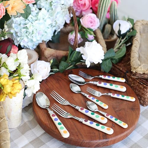 ANNOVA Silverware Set 20 Pieces Cutlery Stainless Steel Colorful Fun Handle Flatware Service for 4 - Dinner Knife, Dinner Fork, Salad fork, Dinner Spoon, Dessert Spoon (Puka Dots, 20 Pieces) - color: Puka Dots