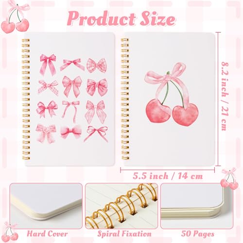 CNhoqc Pink Spiral Journal Notebook, 2 Pcs A5 Pink Bow Cherry Watercolor - color: Pink