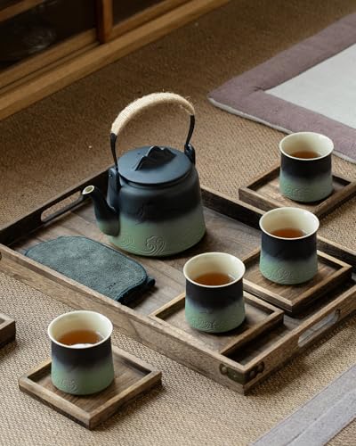 ZENS Japanese Teapot Set with 4 Cups, 33.8oz Loose Leaf Clay Teapot - color: Black & Pea Green, size: 33.8oz Teapot&4 of 8oz Cups