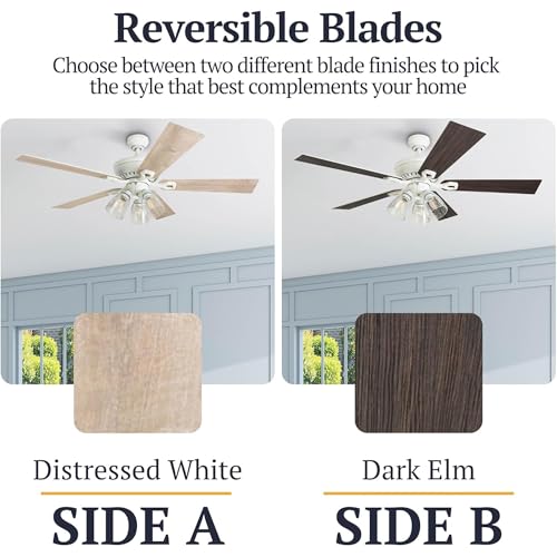 Prominence Home Glenmont 52 Inch Ceiling Fan with LED Light, Pull Chain Control, 5 Blades with Reversible Motor & Tri-Mount Options, Distressed White - color: White