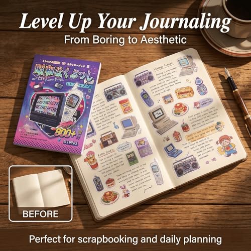 800 PCS Japanese Vintage Sticker Book, Showa Retro Ephemera Collection with Glossy, Matte and Frosted Stickers for Journaling, Scrapbooking, Collage and Vision Boards - color: Showa