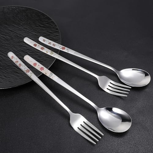 4PCS Korean Forks and Spoons Set, Korean Utensil Set with Long Handles Salad Forks and Soup Spoons Stainless Steel Silverware sets for Coffee, Desserts Dishwasher Safe