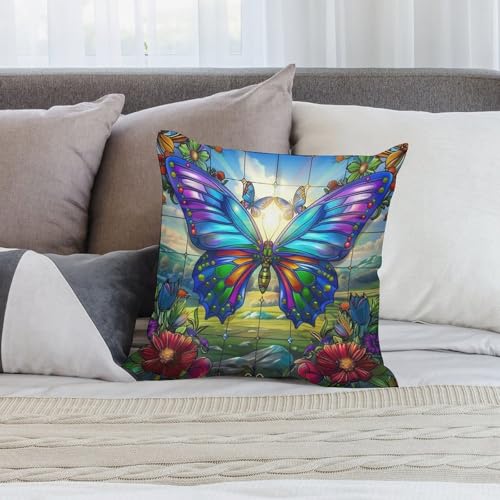 Butterfly Stained Glass Pillow Covers Colorful Flower Butterfly Floral Vintage Home Decor Sofa Bedroom Cushion Outdoor Indoor Decorations 16 "x16 - color: Butterfly-2, size: 16" x 16" (Pack of 2)