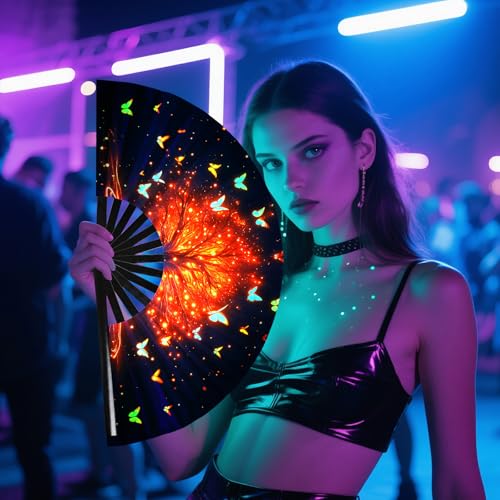 SYNTECSO Folding Hand Fan for Rave, UV Glow Clack Fan - color: Trees of Fire