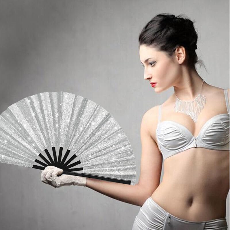 2 Pack Glitter Large Folding Hand Fans for Line Dancing, Popping Fan Large Rave Hand Fan for Boots On The Ground Dance, Concert, Party, Festival, Home Decorations(Silver) - color: 2 Silver