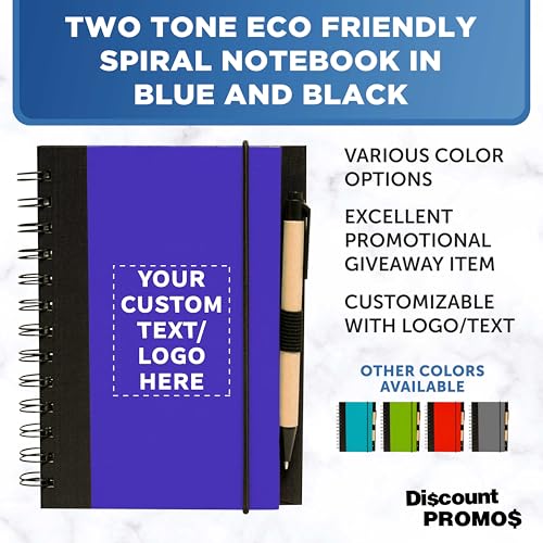 DISCOUNT PROMOS Custom Eco Block Notebooks with Pens Set of 10/50/100, Personalized Bulk Pack - Perfect for School, Office, Business, Home- Blue - color: - Custom – Blue, size: 10/50/100 notebooks