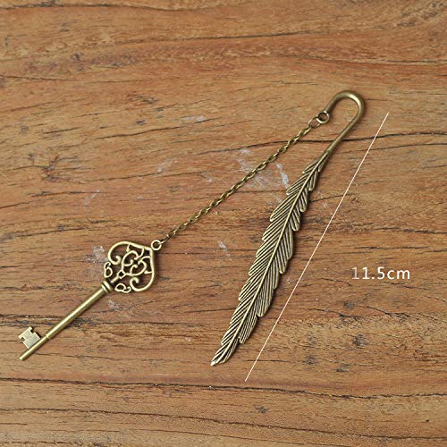 Vintage Feather Shape Metal Bookmark Page Markers Student Reading Pagination Mark Book Clip with Pendant for Travel Readers, Literature Fans,Bookworm Gifts (Bronze-Key) - color: Bronze-key