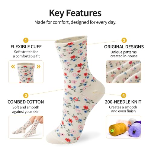 Womens Cotton Crew & Ankle Socks, Cute Floral Ruffle Colorful Tube Size 6-9 - color: Flower Print a